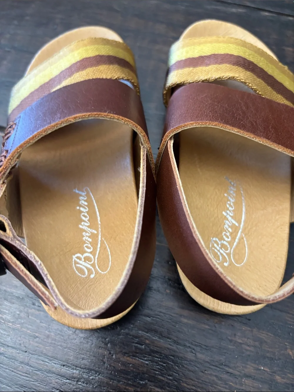 Bonpoint Brown Leather Sandals with Yellow Striped Band